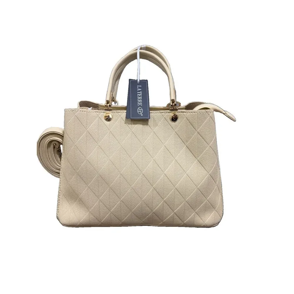 La Terre Beige Embossed Diamond Satchel Handbag Gold Tone Hardware NWT